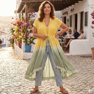 April Cornell Sz L Yellow And Green Flowy Cinched Belted Duster Kimono